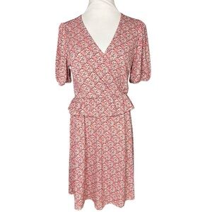 Kaileigh Dress Womens M Pink Ditsy Floral Faux Wrap V-Neck Peplum Waist